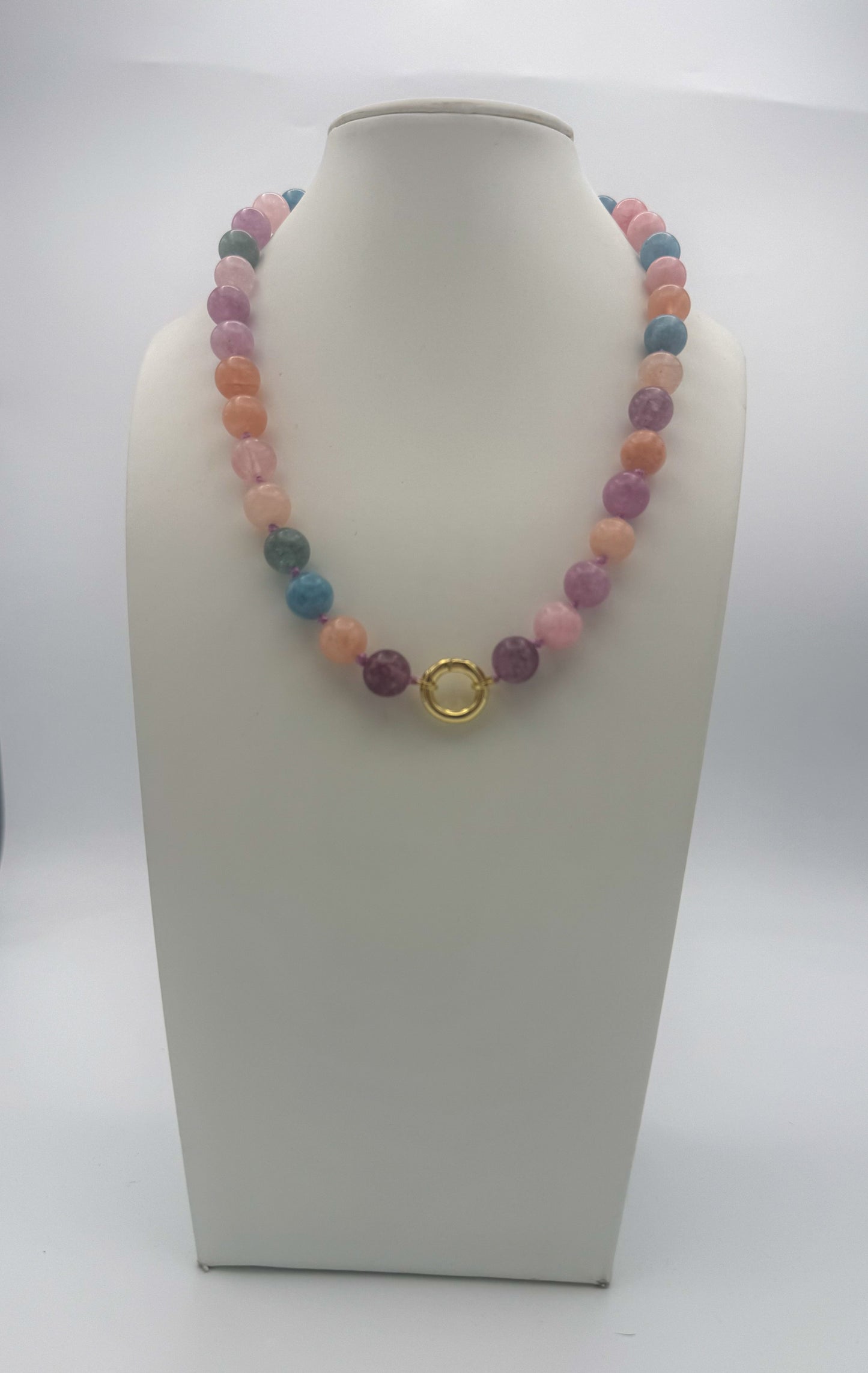 AF Designs Jelly Bean Necklace with multicolor pink, peach, teal, purple beads and gold circular clasp