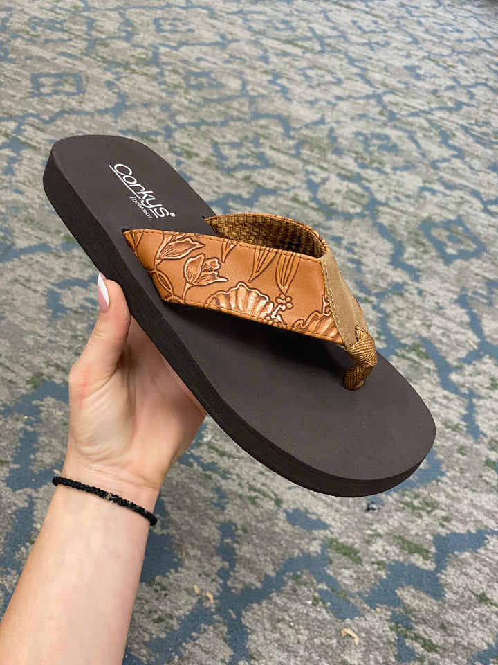 Corky's Cognac Flower Emboss Summer Break Sandals
