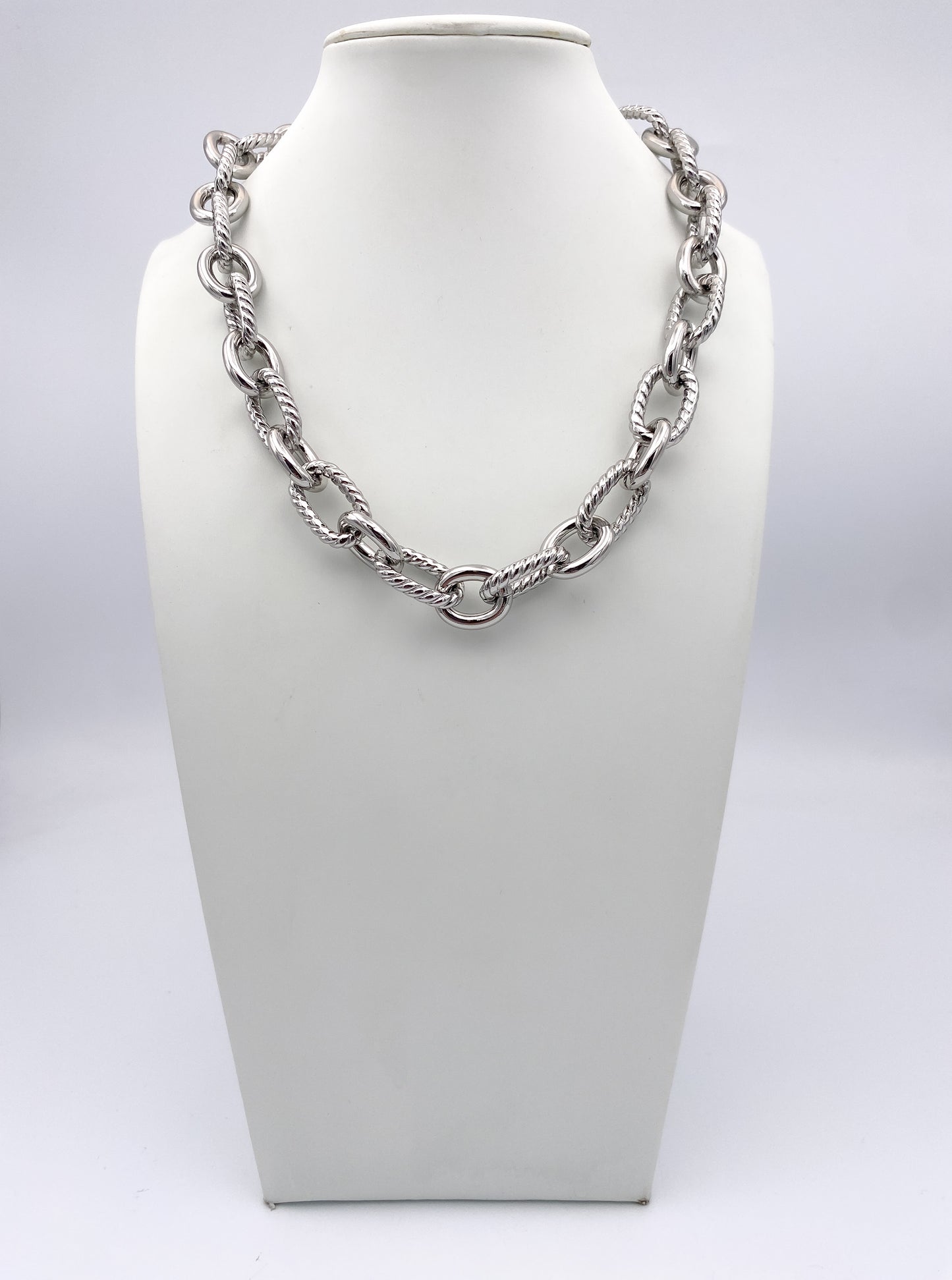 Chunky silver chain-link necklace with alternating smooth and twisted rope-textured oval links by AF Designs