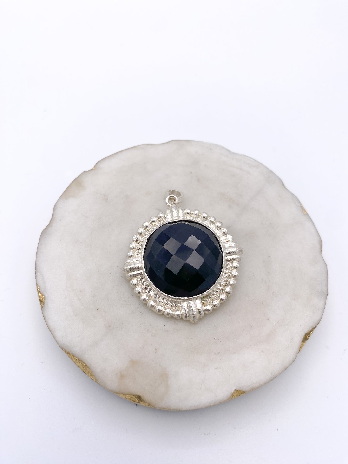 Round black faceted gemstone pendant charm with ornate silver beaded frame and bail by AF Designs