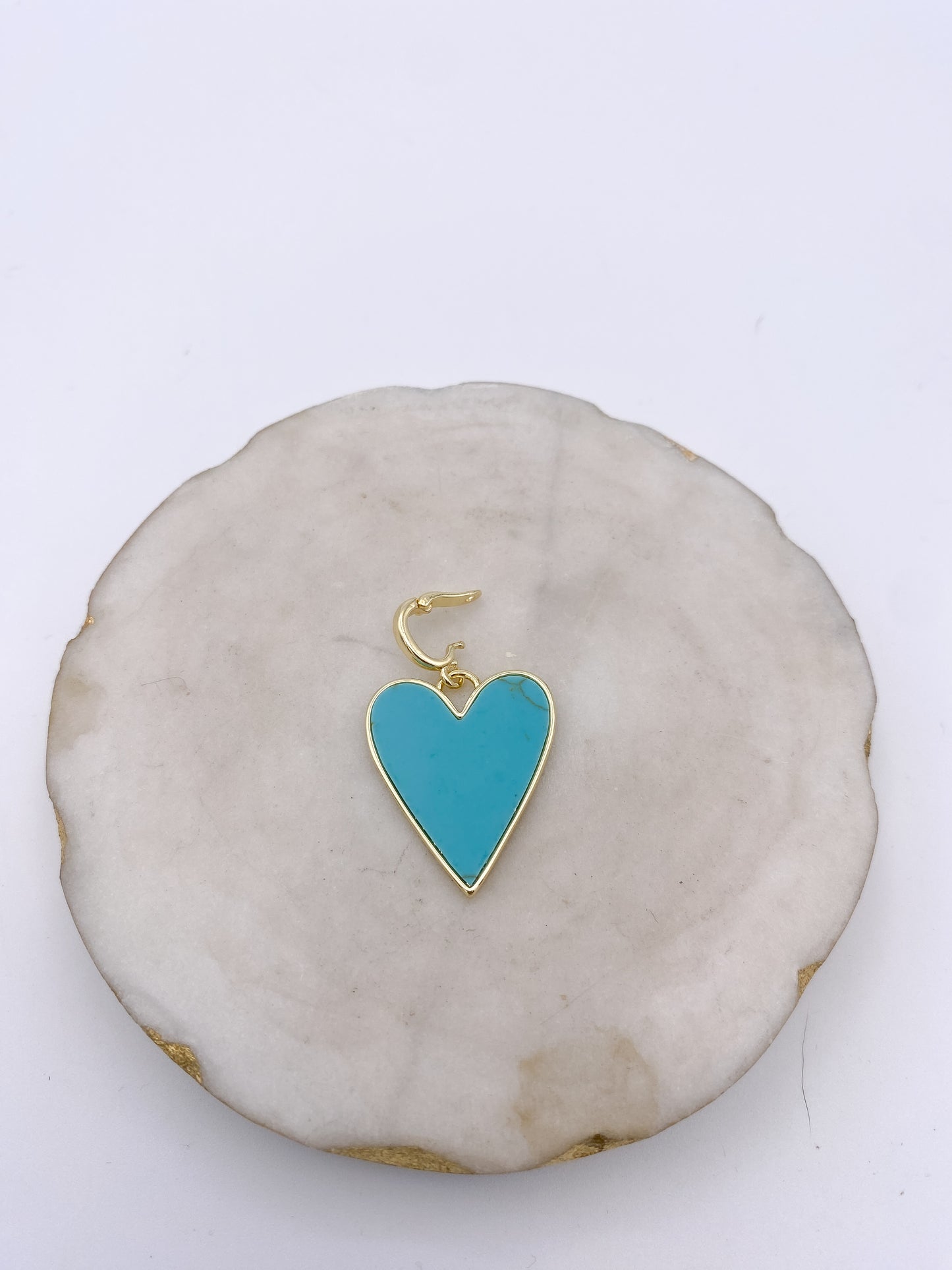 AF Designs Heartbeat Charm: elongated turquoise heart pendant with gold bezel and French hook clasp