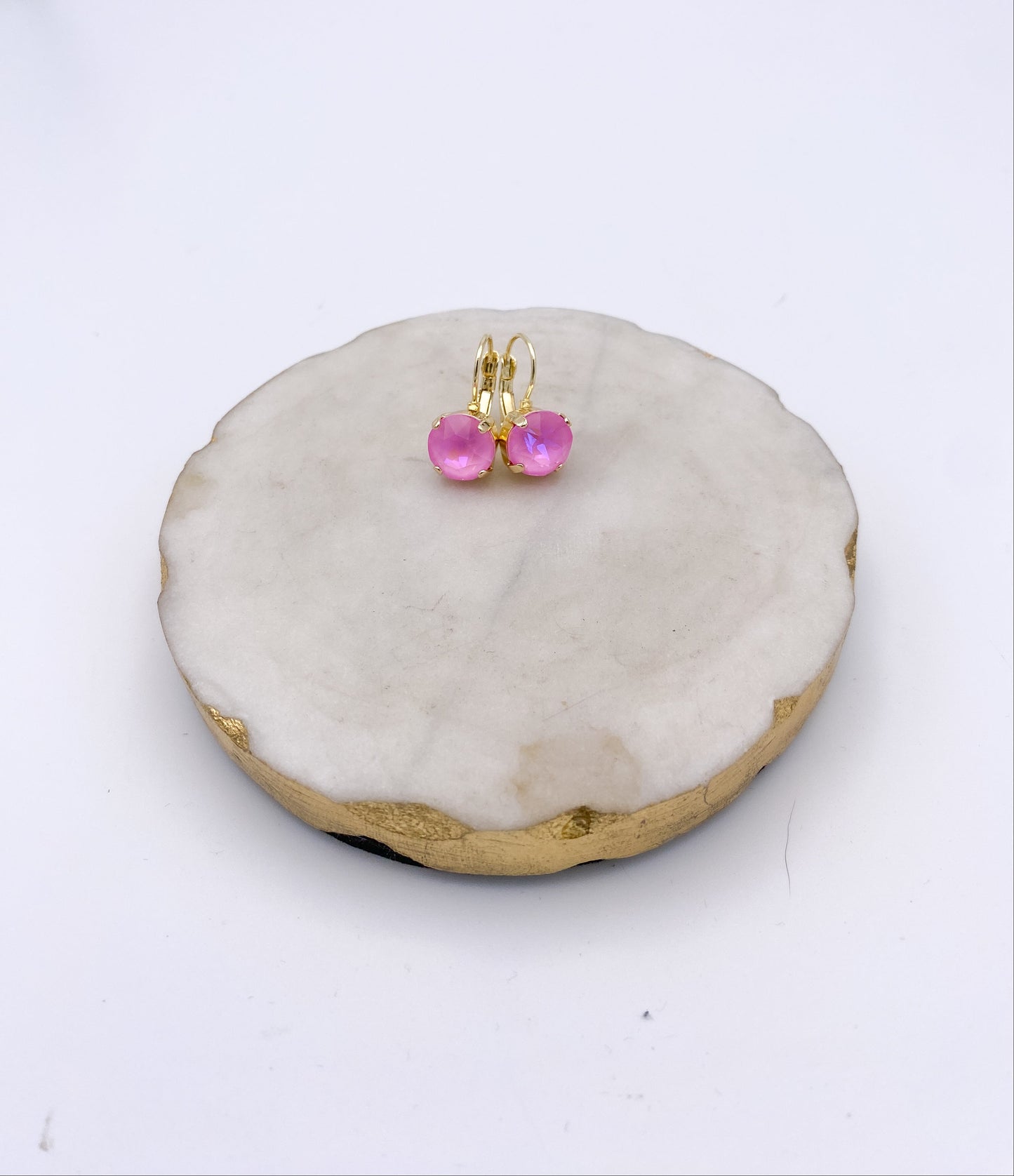 Delicate gold lever-back drop earrings with round faceted bubblegum pink crystal stones by AF Designs.