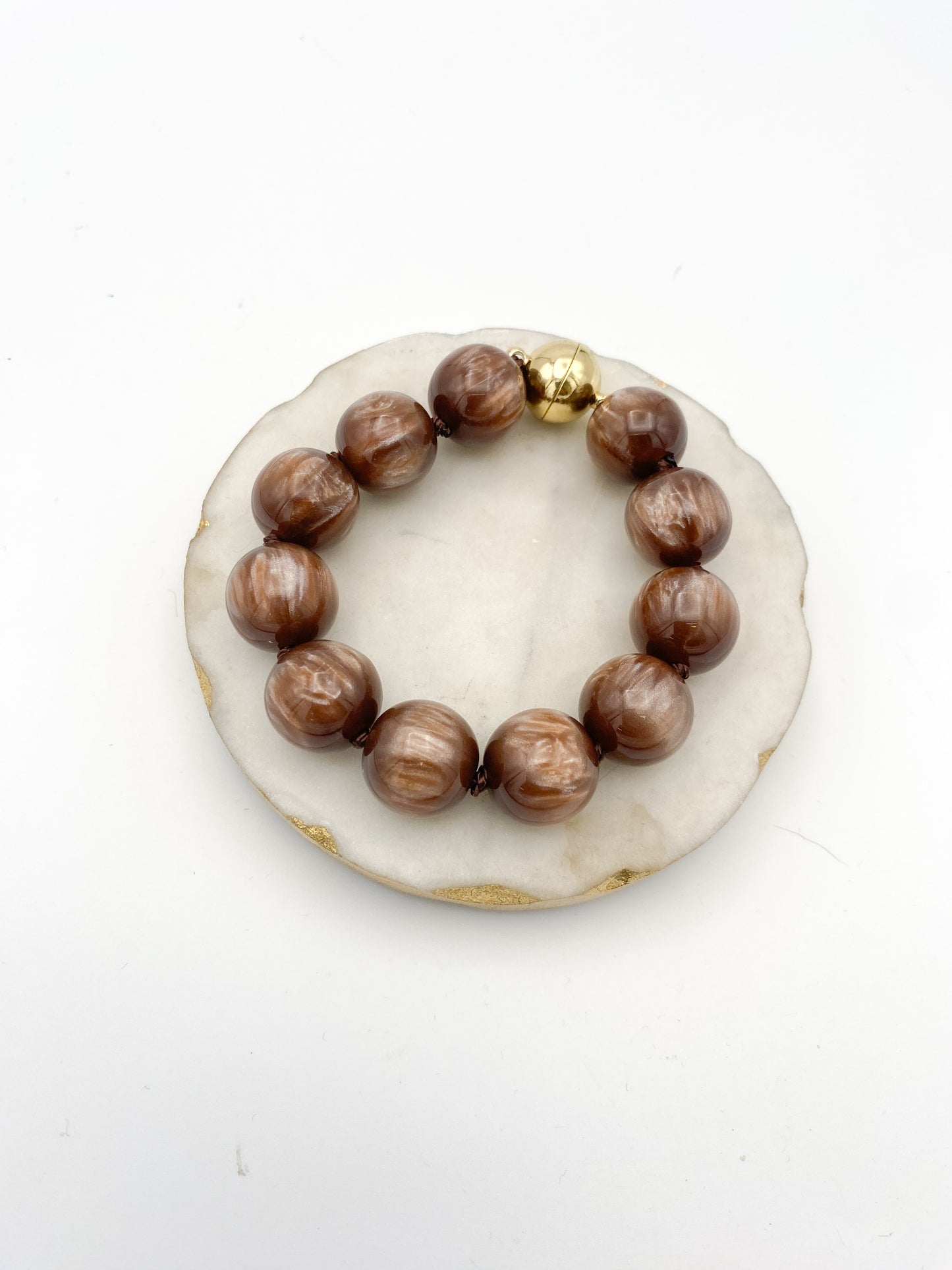 Going Places Bracelet in Chocolate: large marbled brown beads, hand-knotted with gold magnetic clasp by AF Designs