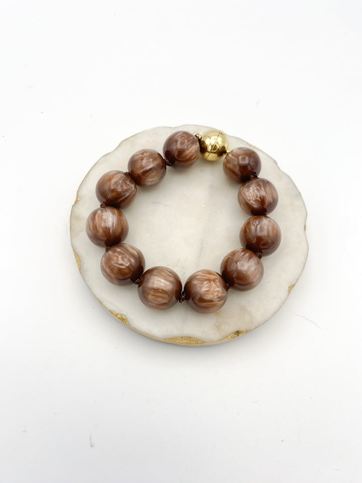 Going Places Bracelet in Chocolate: large marbled brown beads, hand-knotted with gold magnetic clasp by AF Designs