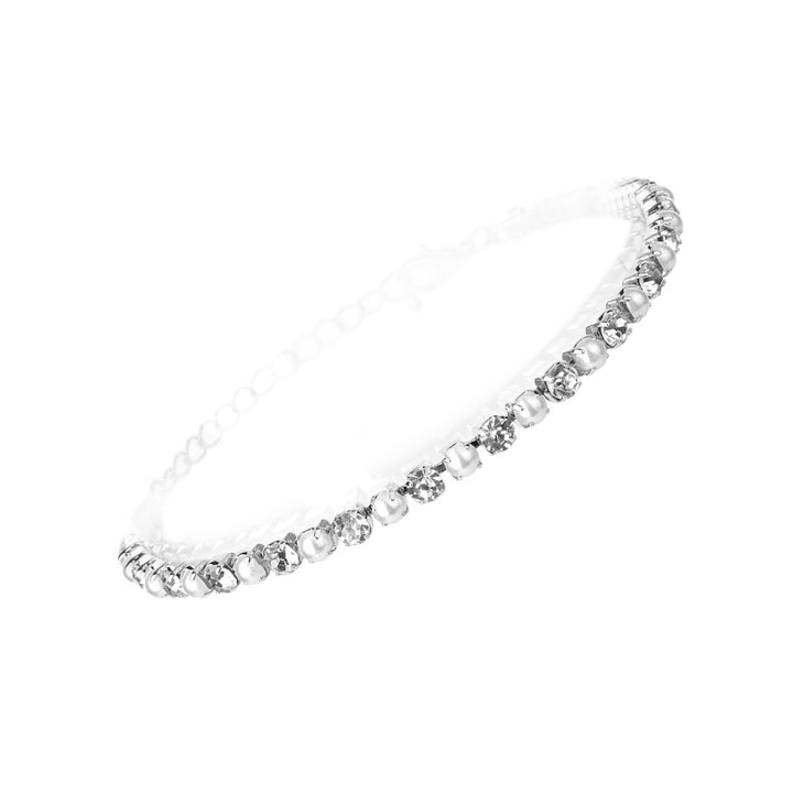 Silver stretch bracelet with alternating white faux pearls and clear crystal rhinestones in prong settings
