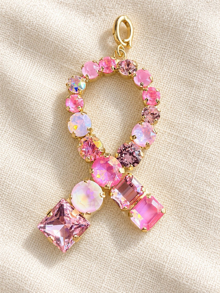 AF Designs breast cancer ribbon charm with multi-pink crystals and aurora borealis stones in gold-tone settings