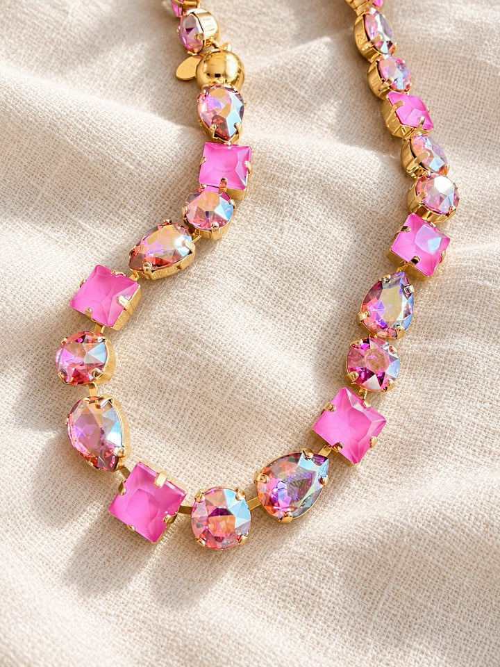 AF Designs Flirt Alert gold-tone statement necklace with mixed hot pink and iridescent aurora borealis crystals