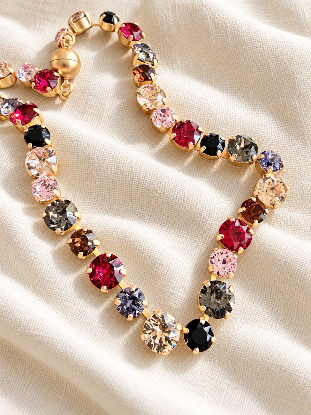 AF Designs multicolor crystal statement necklace with ruby, pink, gray & black stones in gold prong settings