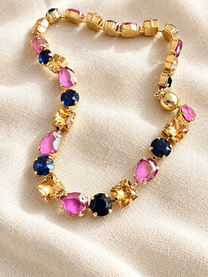 AF Designs Flirt Alert Statement Necklace with pink, navy, and champagne crystals in gold-tone settings
