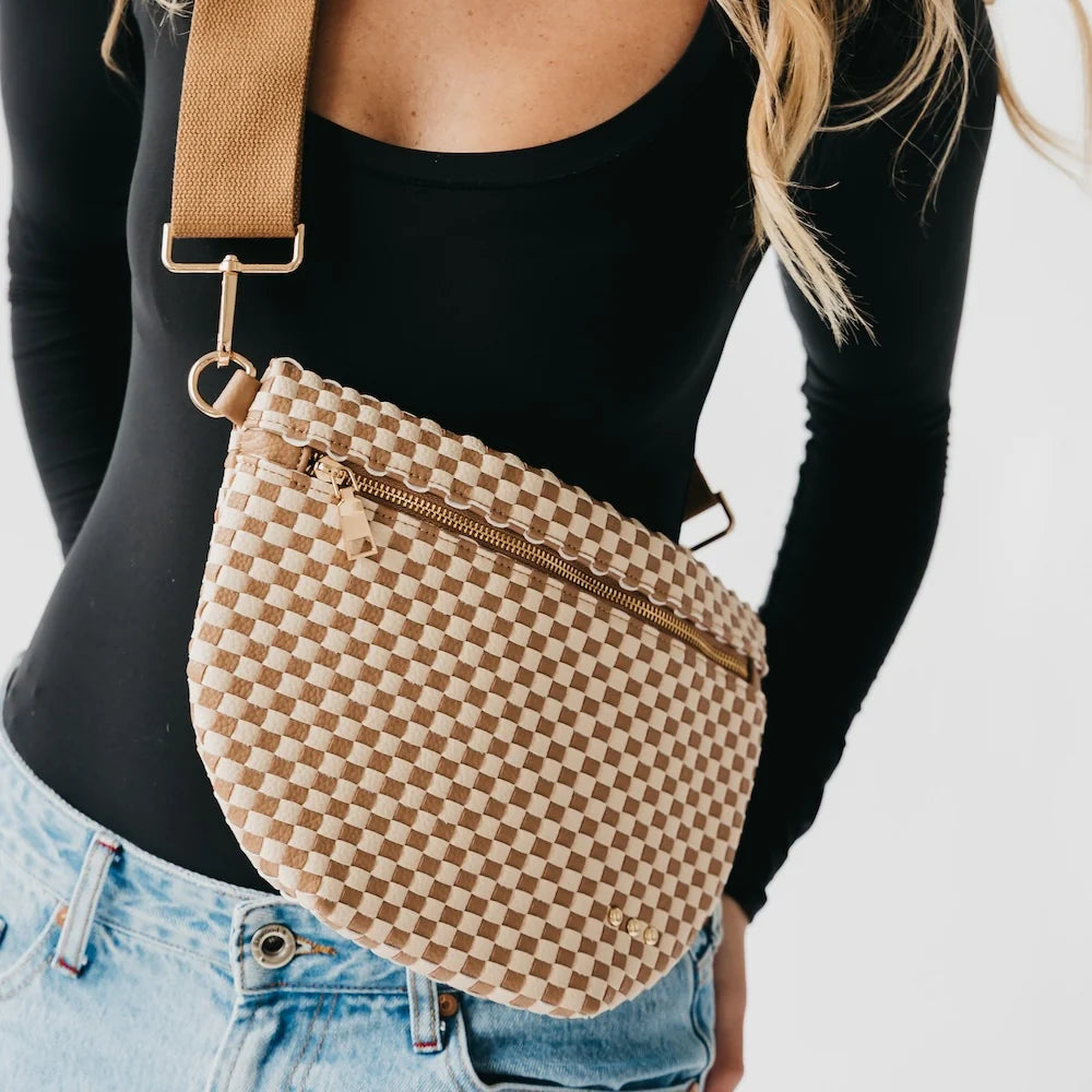 Pretty Simple Westlyn woven checkered tan and cream crescent crossbody bum bag with gold hardware