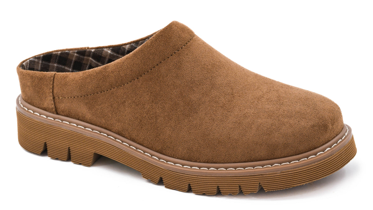 Side view of the tobacco Corky's Just Walk Away clog with brushed brown upper, plaid lining and caramel lug sole