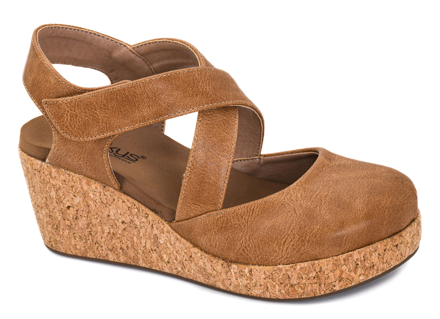 Corkys cognac tan closed-toe wedge sandal with criss-cross straps and natural cork platform heel