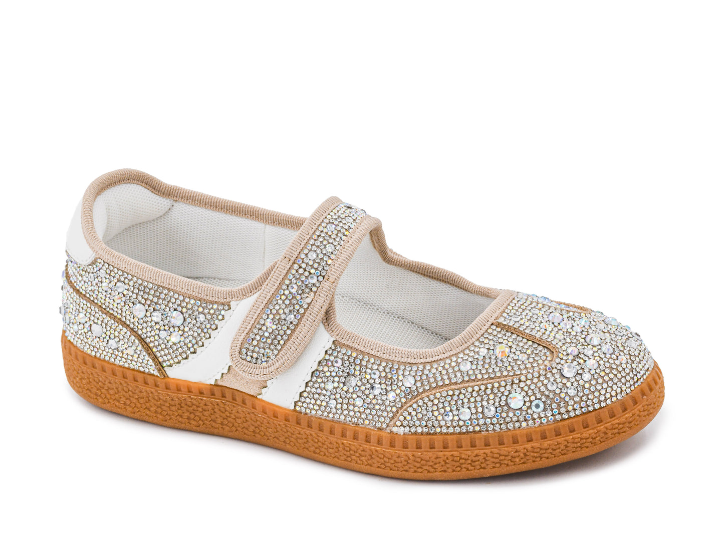 Corky's rhinestone-covered flat sneaker with velcro Mary Jane strap, white stripe panels, and caramel gum sole.
