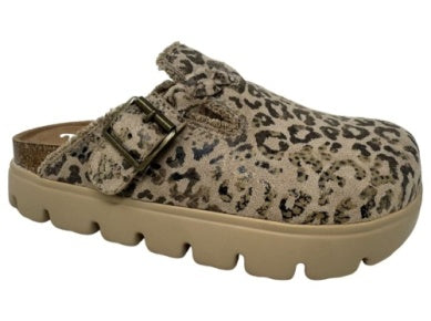 Very G taupe leopard print fuzzy platform clog with buckle strap and chunky lug sole