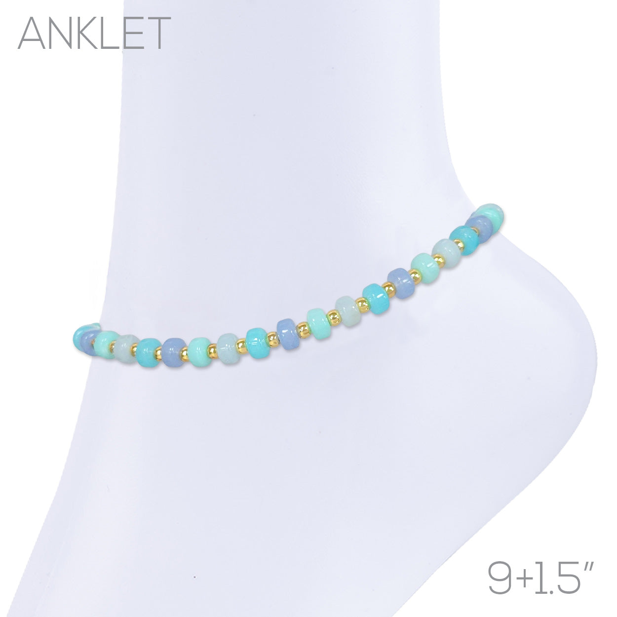 Beaded stretch anklet with aqua, mint, periwinkle rondelle beads and gold accent beads, 9+1.5 inch length.