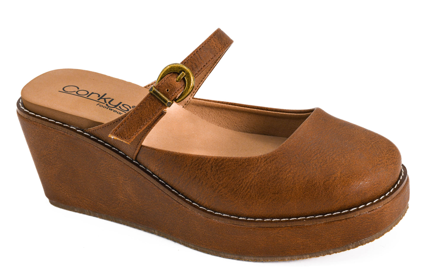 Corky's auburn brown leather platform wedge clog with ankle strap, brass buckle, and contrast stitching