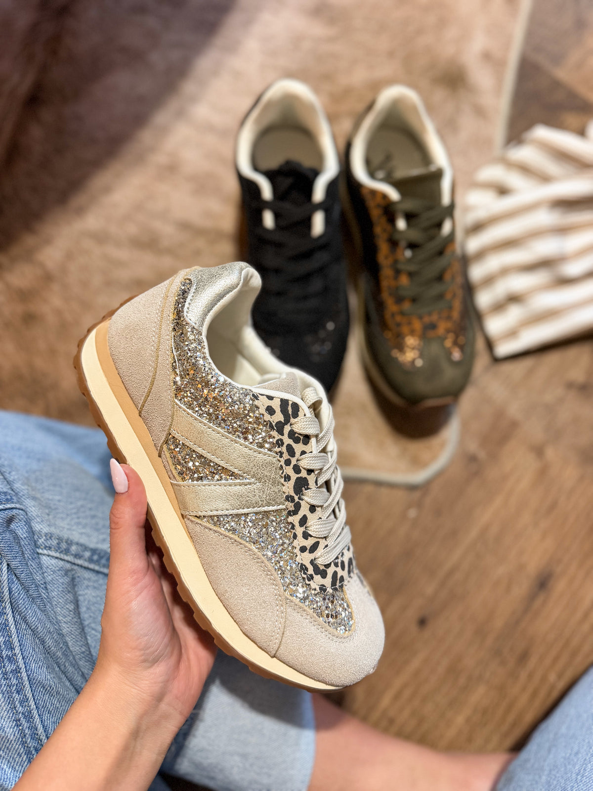 Very G Cream June Sneakers with gold glitter panels, leopard print accents, metallic stripes, and gum rubber sole