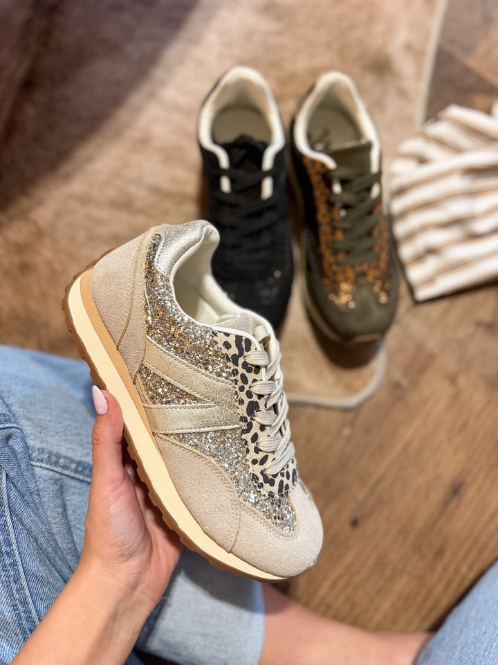 Very G Cream June Sneakers with gold glitter panels, leopard print accents, metallic stripes, and gum rubber sole