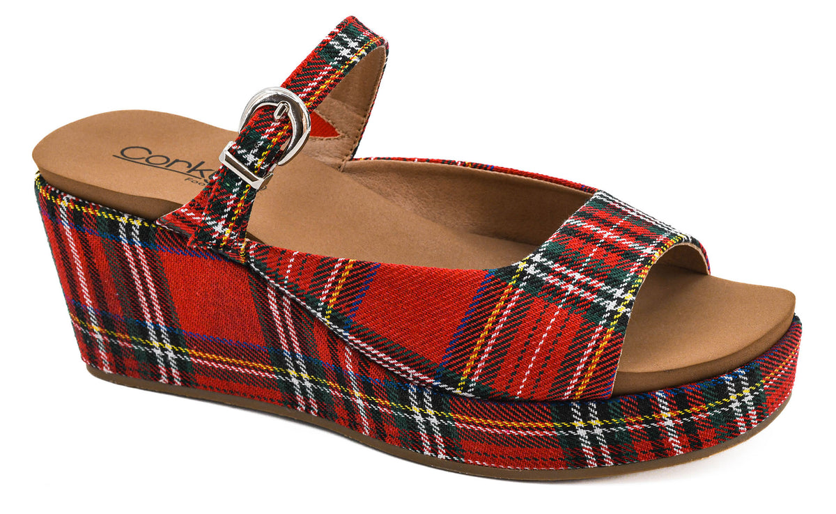 Corkys red Royal Stewart tartan plaid open-toe platform wedge sandal with ankle strap and silver buckle.