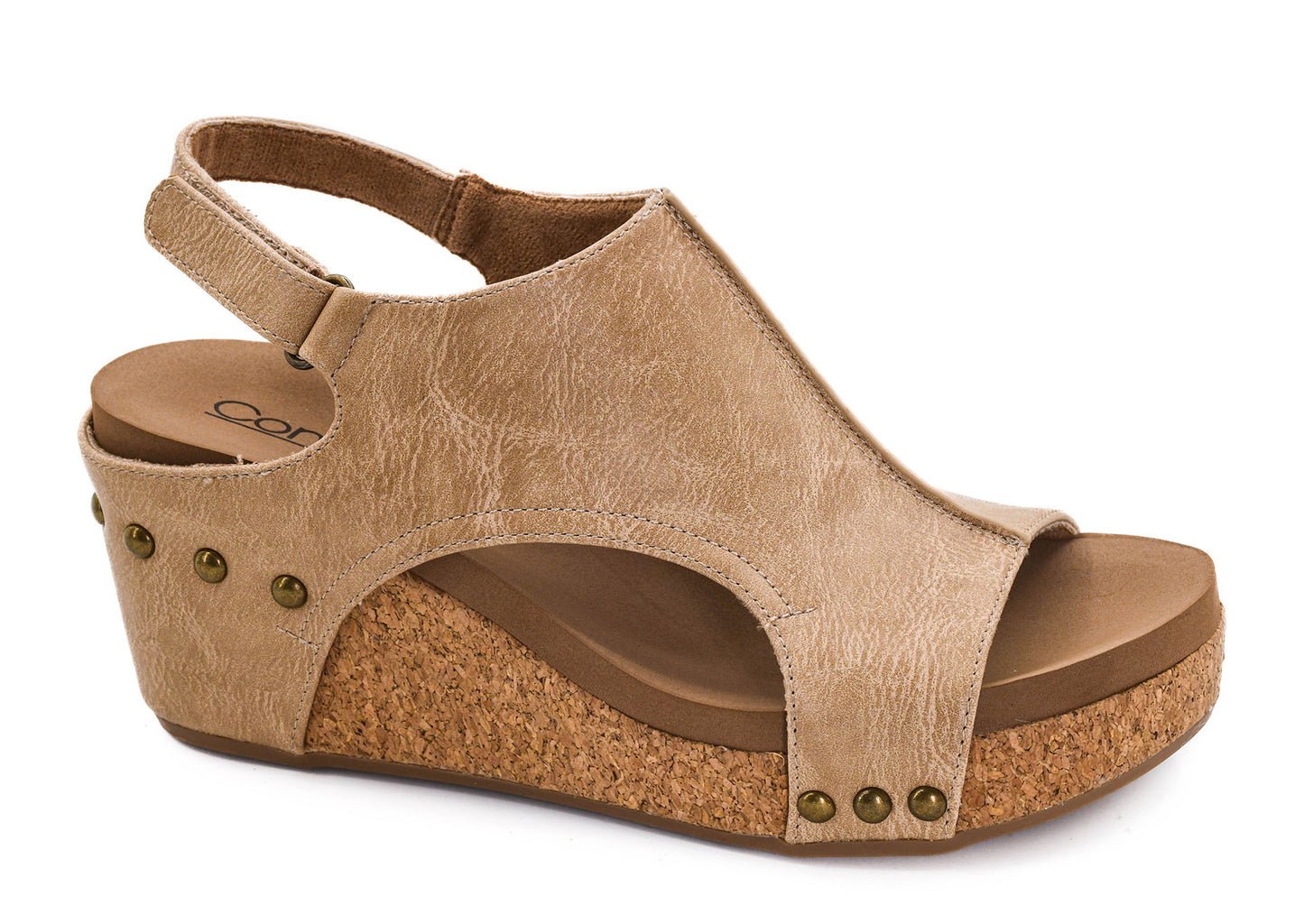 Corkys almond taupe wedge sandal with cork platform, peep-toe, slingback strap, and antique brass studs