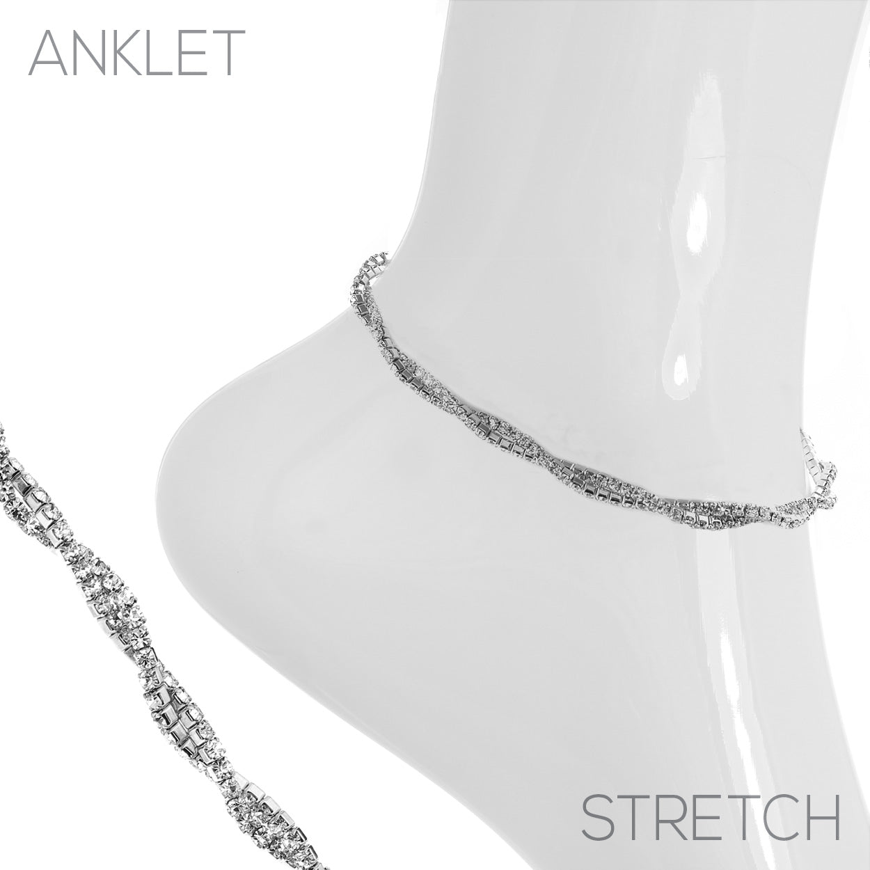 Double-strand silver crystal stretch anklet with twisted rhinestone design on mannequin ankle