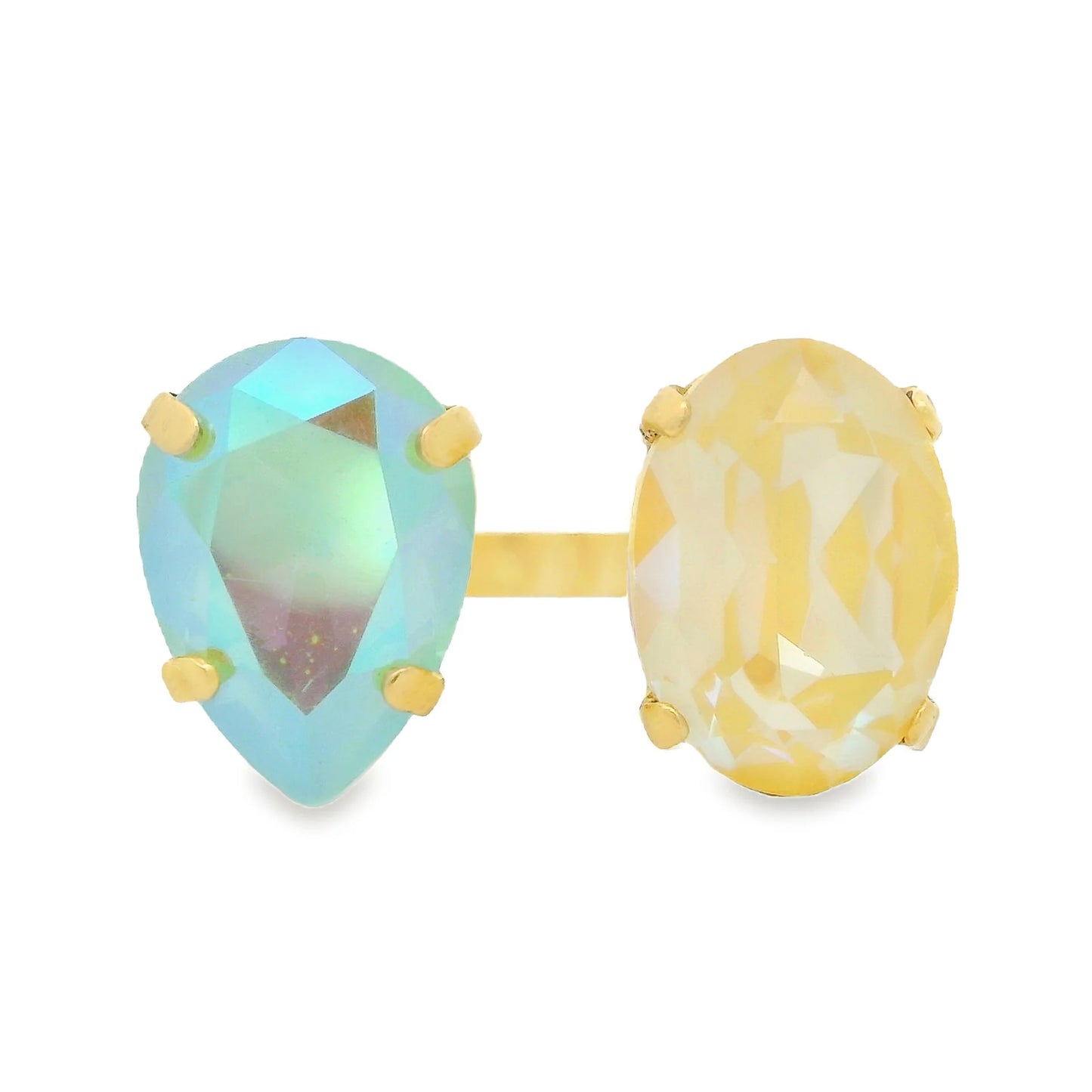TOVA statement ring with teardrop blue-green stone and oval yellow stone in gold settings