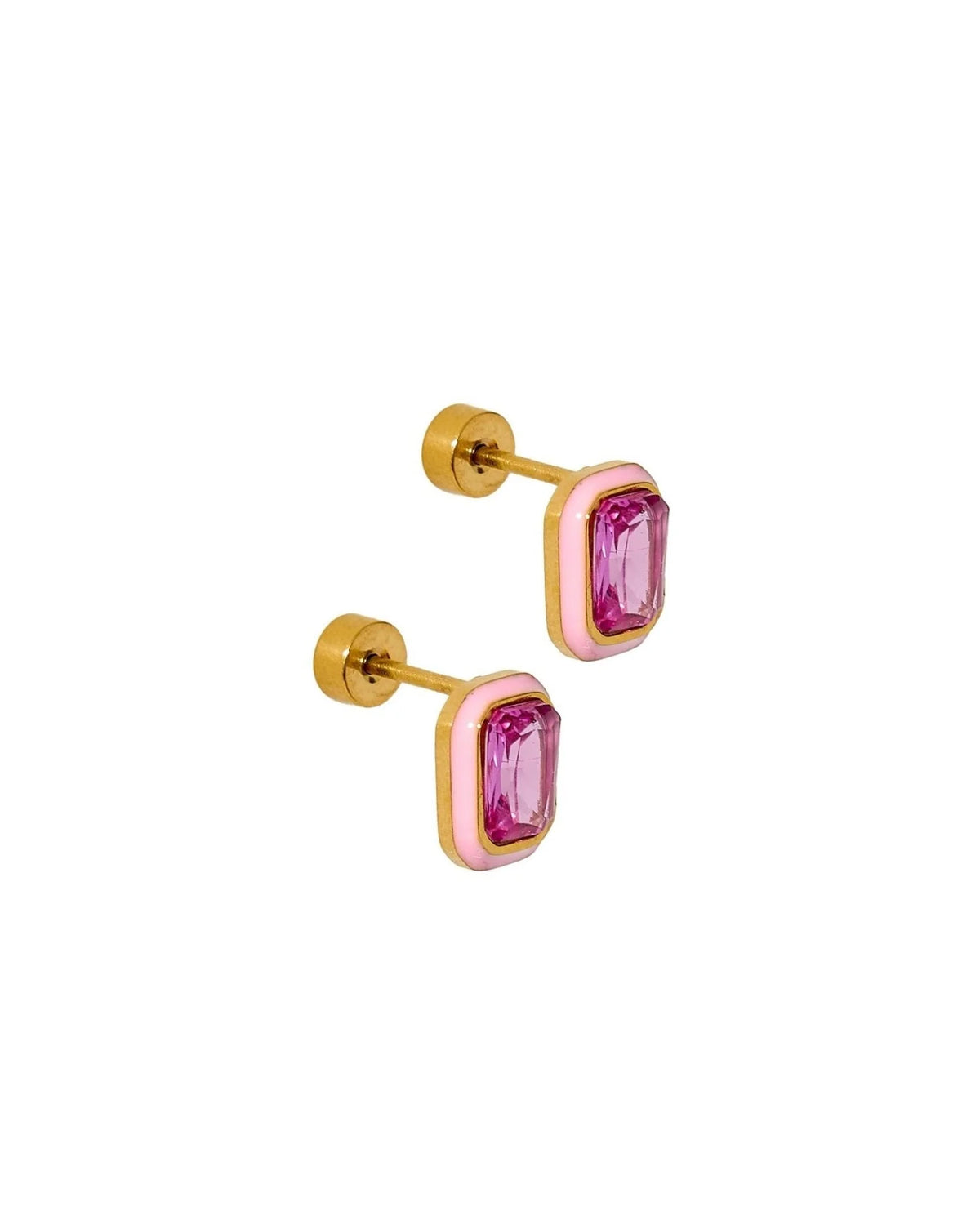 Gold Whitney stud earrings with a pink stone in a bubblegum pink enamel frame