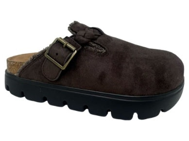 Very G chocolate brown suede platform clog with braided buckle strap and chunky black lug sole
