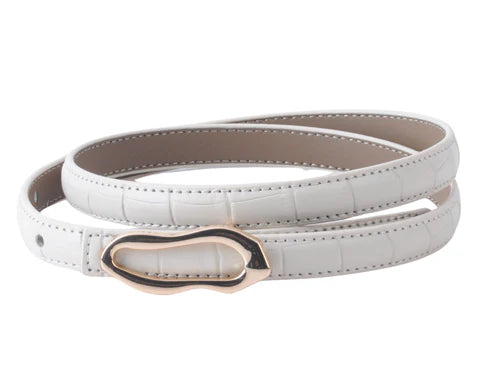 Skinny Croco-Embossed Belt With Thin Asymmetrical Buckle In Ivory