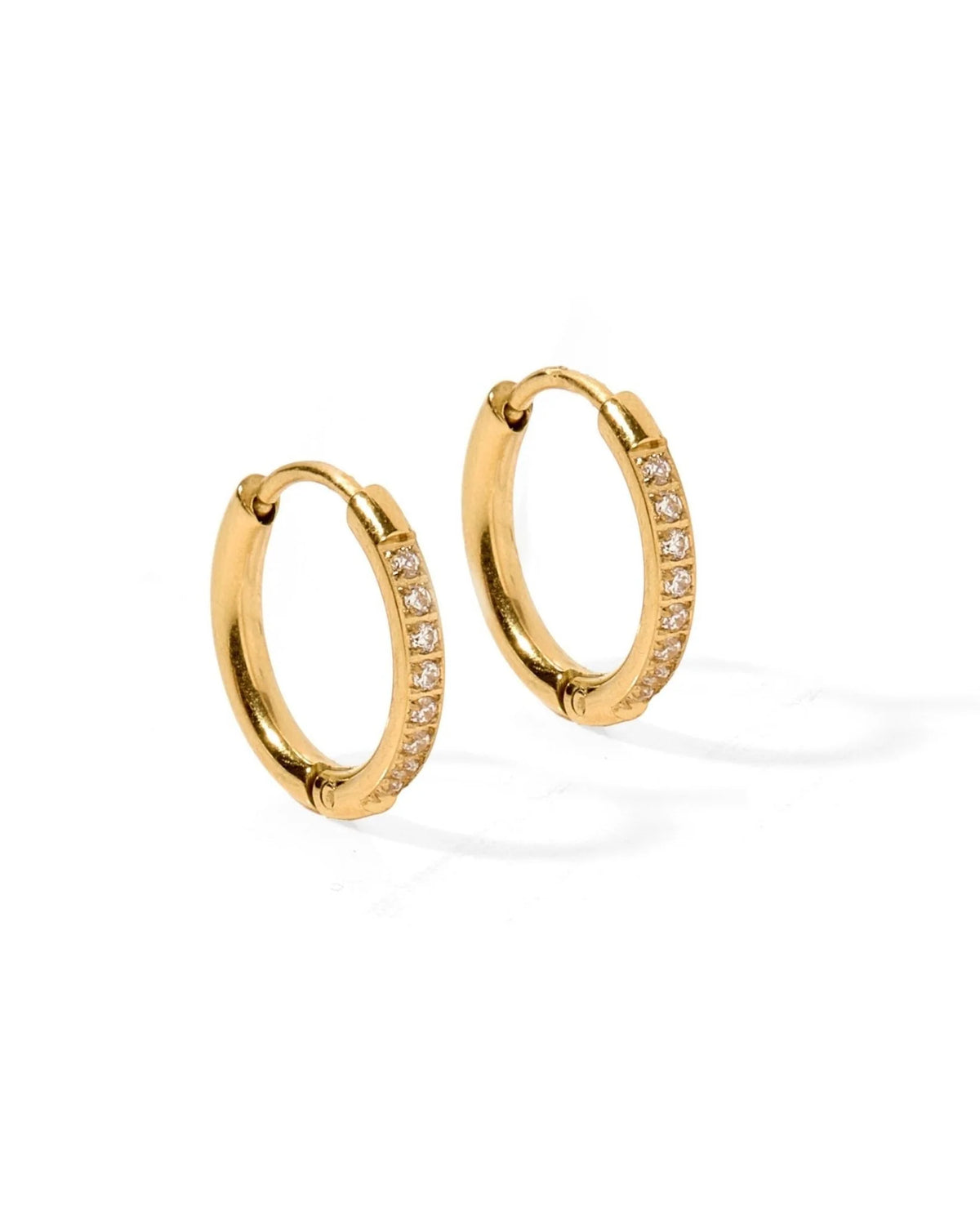 Gold Scarlett hoop huggie earrings, 12mm, lined with clear CZ stones