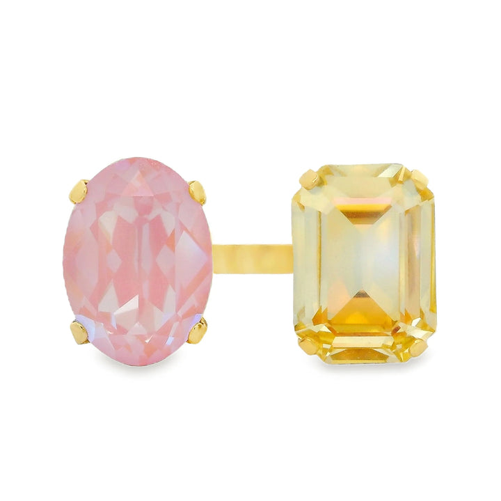 TOVA dual-stone ring with pink oval and yellow emerald-cut gems in gold setting