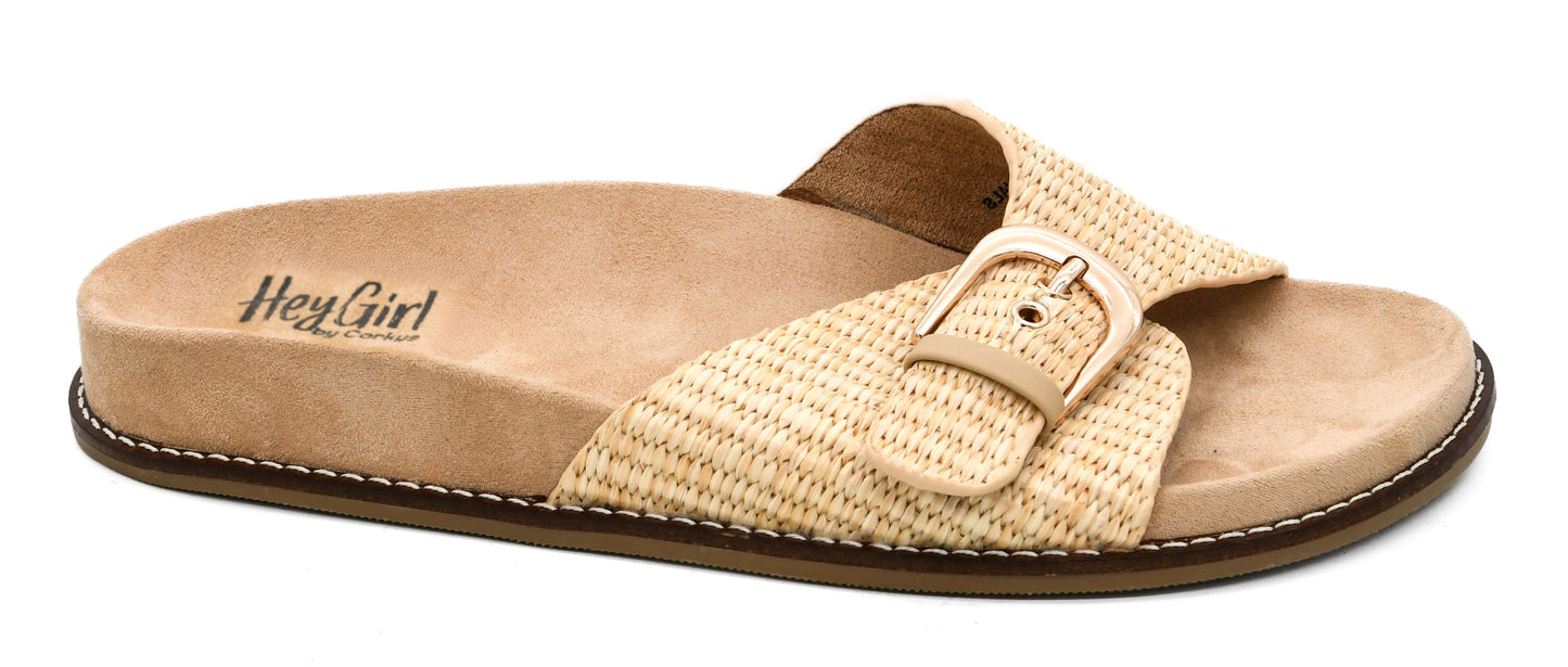 Corky's Passport slide sandal in natural raffia with tan footbed and adjustable buckle strap