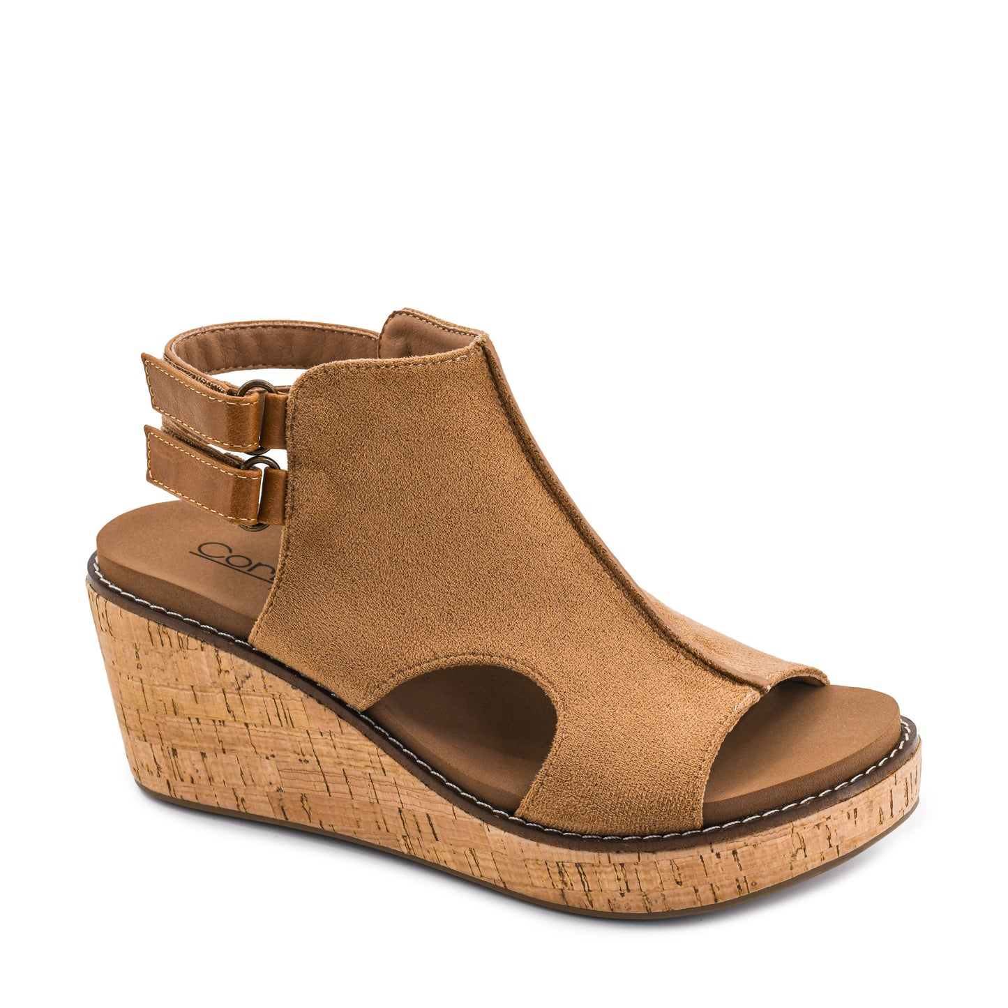 Corky's tobacco faux suede peep-toe wedge sandal with cork platform and double-buckle slingback strap.