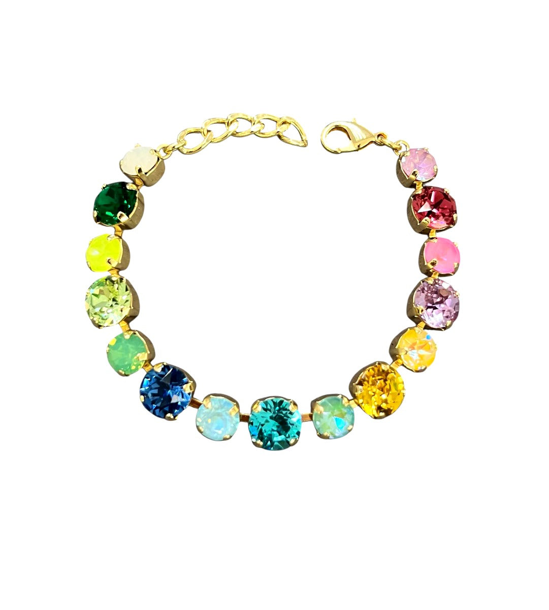 Colorful rainbow crystal tennis bracelet with gold-tone setting and adjustable chain closure