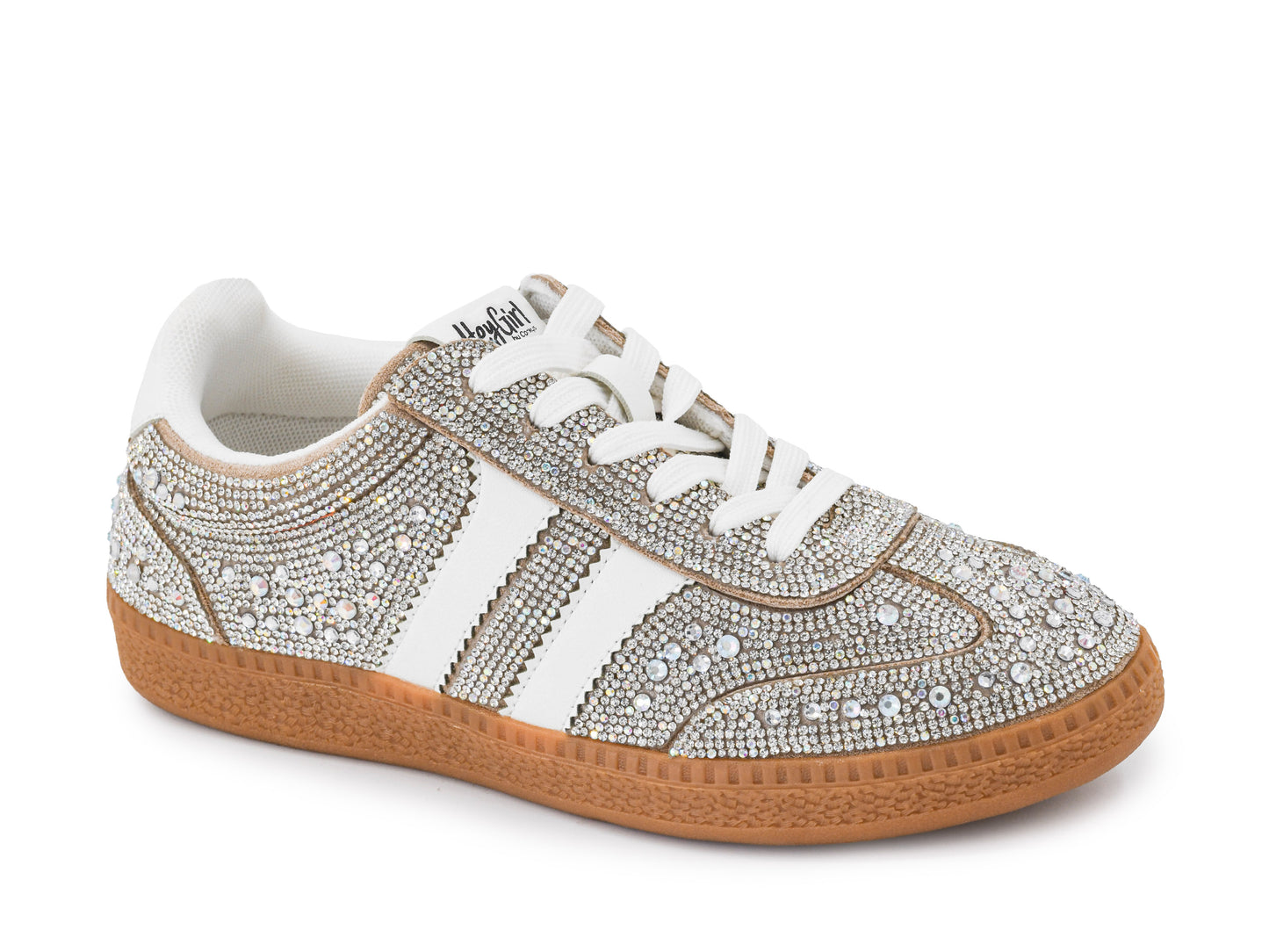 Corky's rhinestone-encrusted low-top sneaker with white side stripes, gum sole, and iridescent crystal embellishments