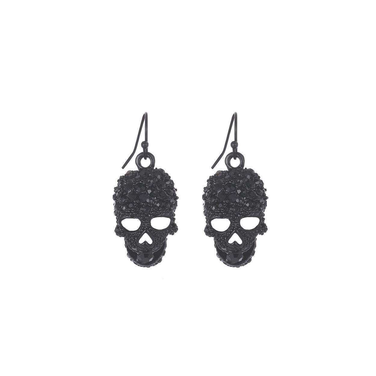 Black pavé crystal skull drop earrings with French hooks, hollow eyes, and heart nose cutout by RM Manufacturing