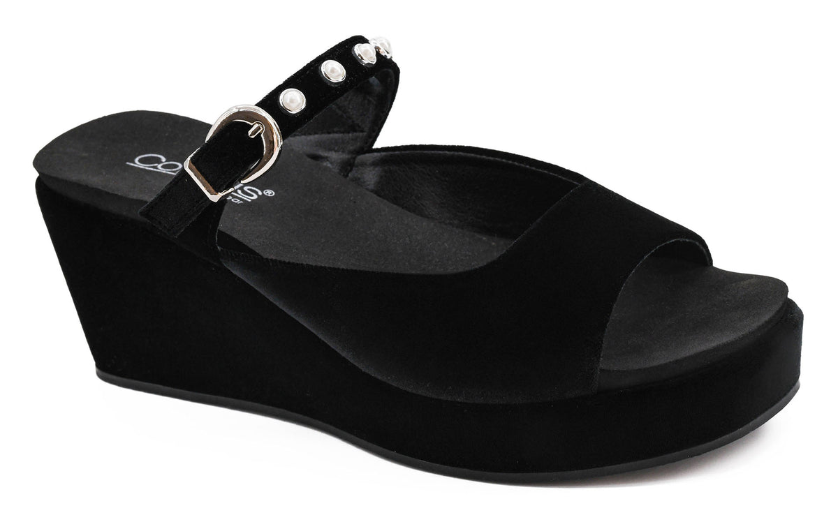 Corkys black velvet open-toe platform wedge sandal with pearl-embellished ankle strap and silver buckle