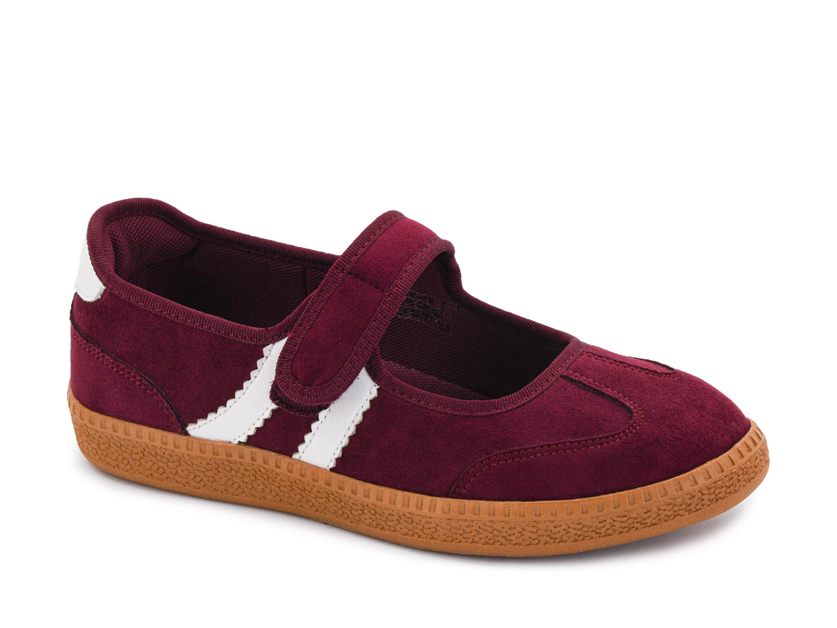 Corky's wine burgundy suede Mary Jane sneaker with white stripes, velcro strap, and gum rubber sole.