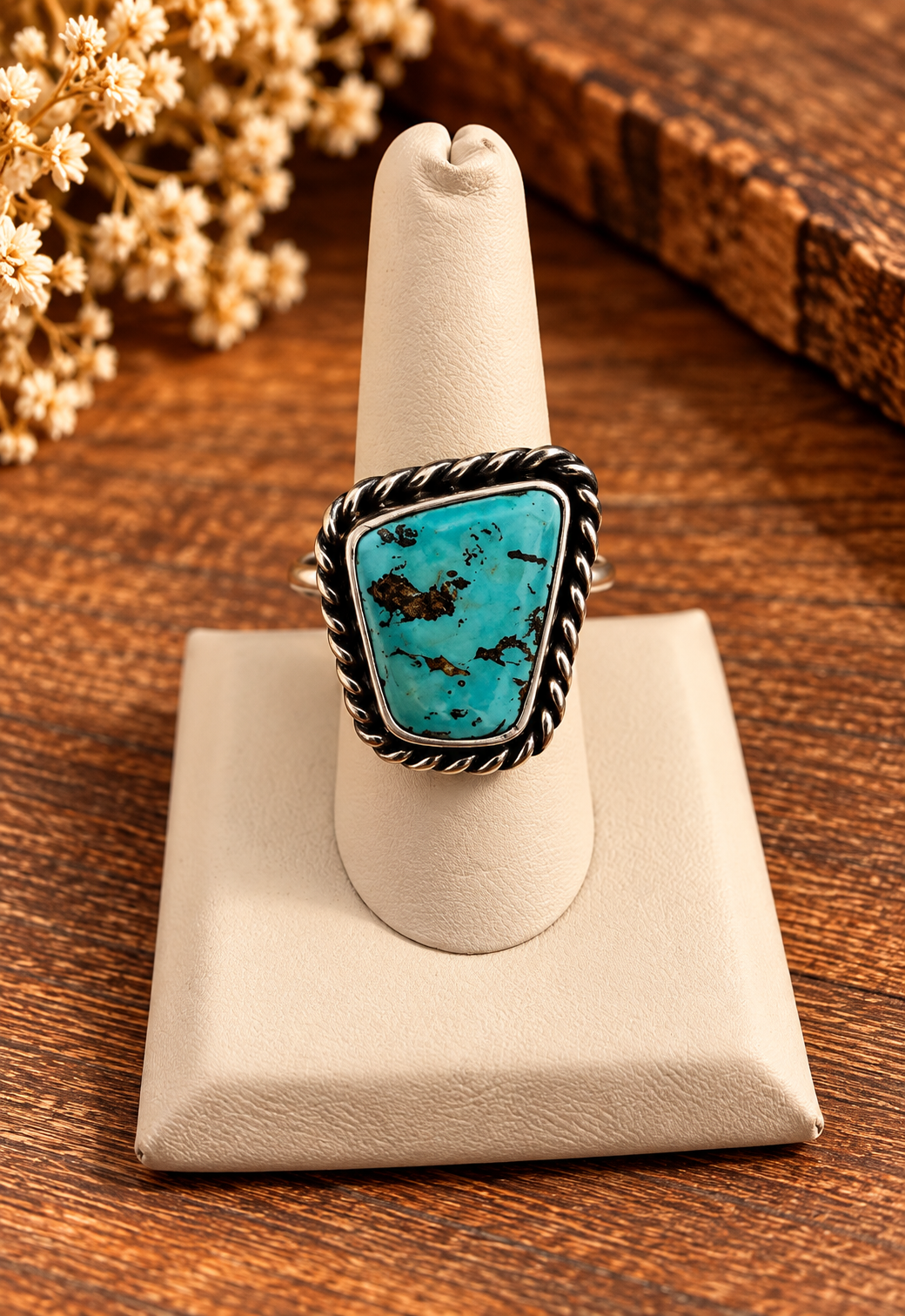 Boho Sol Western Sky Ring, a bright blue shield-shaped turquoise stone with dark veining in a twisted rope sterling setting