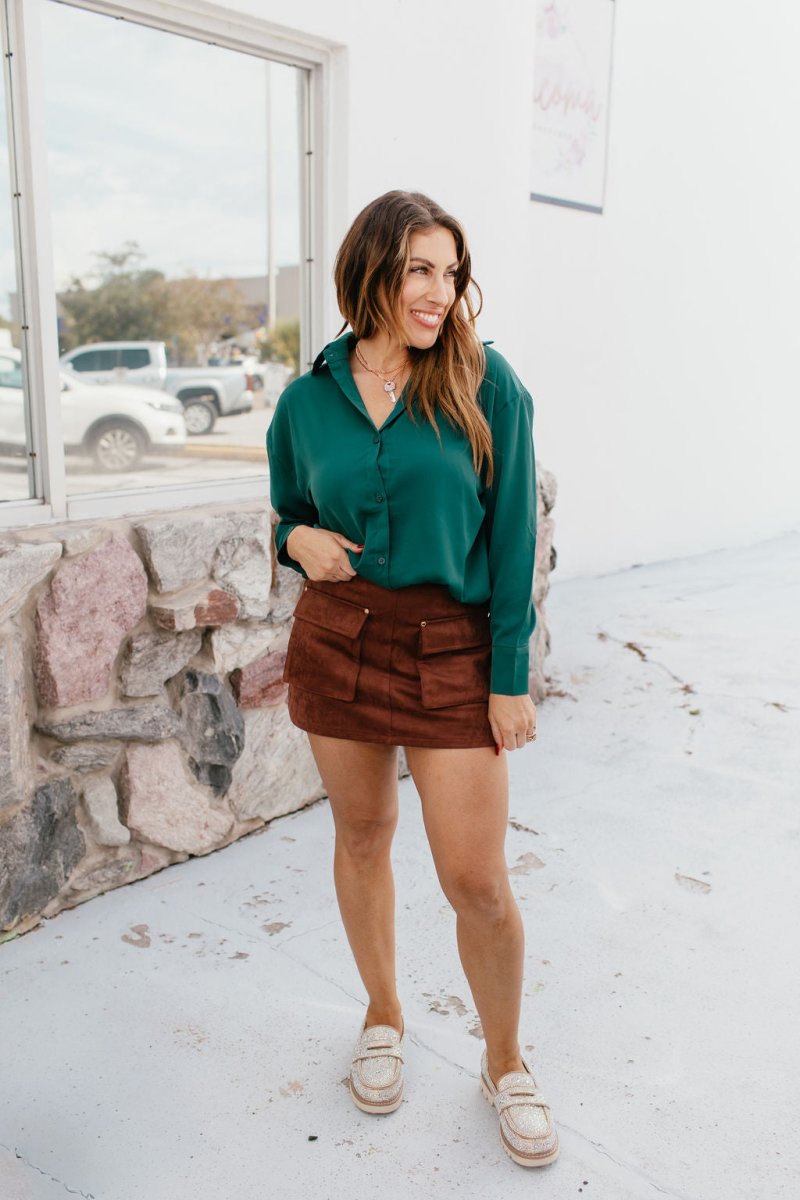 Classic Kathryn Button Up Top in Forest Green - Reg & Curvy - Macoma Boutique120 Long Sleeve