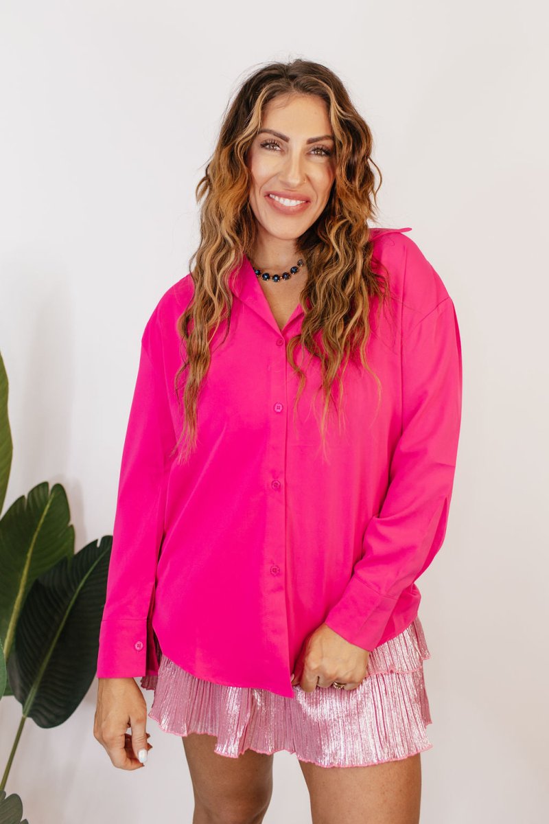 Classic Kathryn Button Up Top in Hot Pink - Reg & Curvy - Macoma Boutique120 Long Sleeve