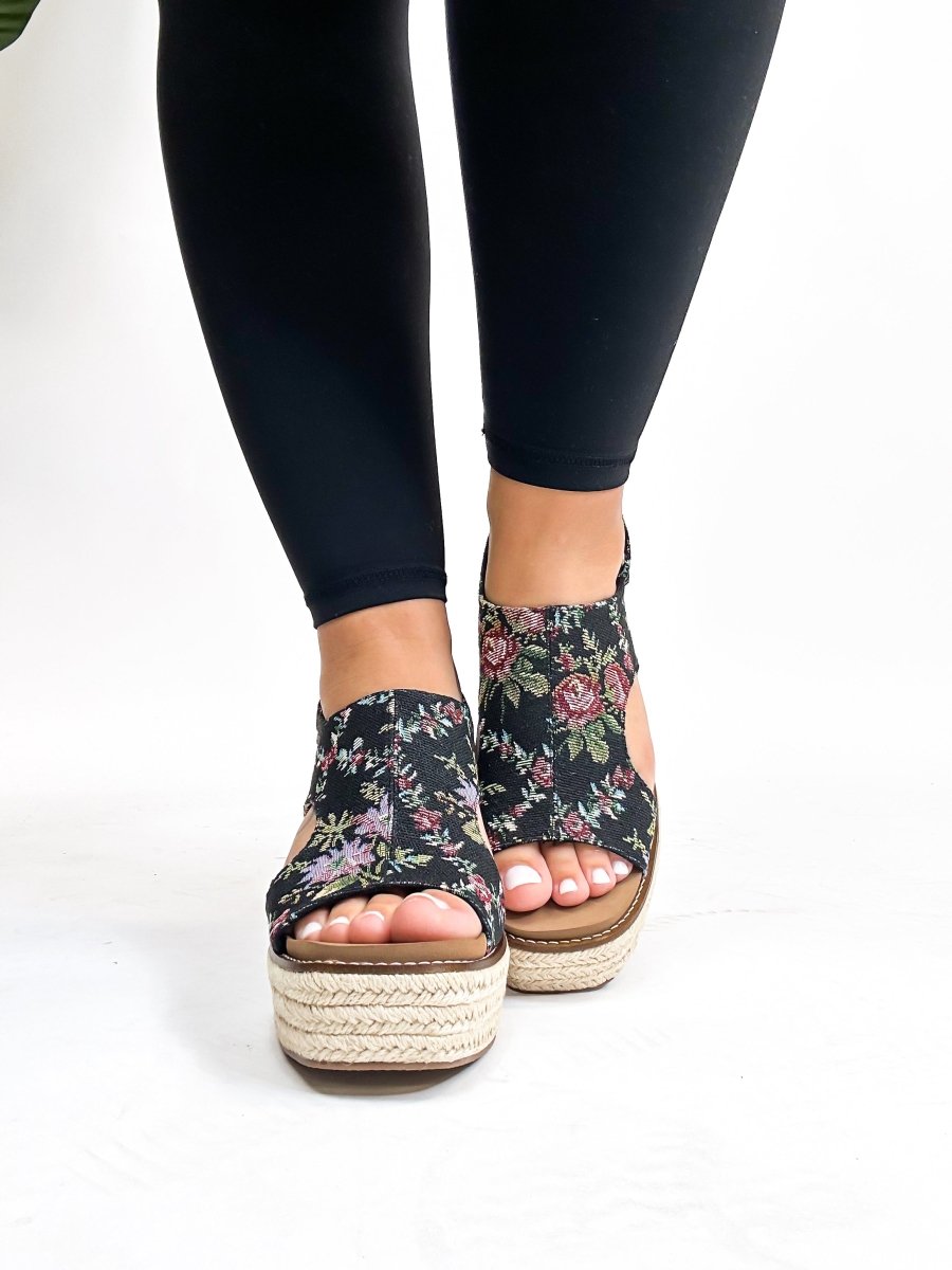 Corky's Black Brocade Floral Freddie Wedges - FINAL SALE - Macoma Boutique302 Wedges & Heels
