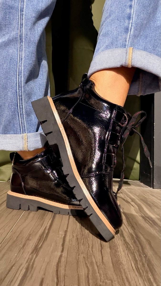 Corky's Black Crinkle Patent Campfire Boots - Macoma Boutique303 Mules & Boots