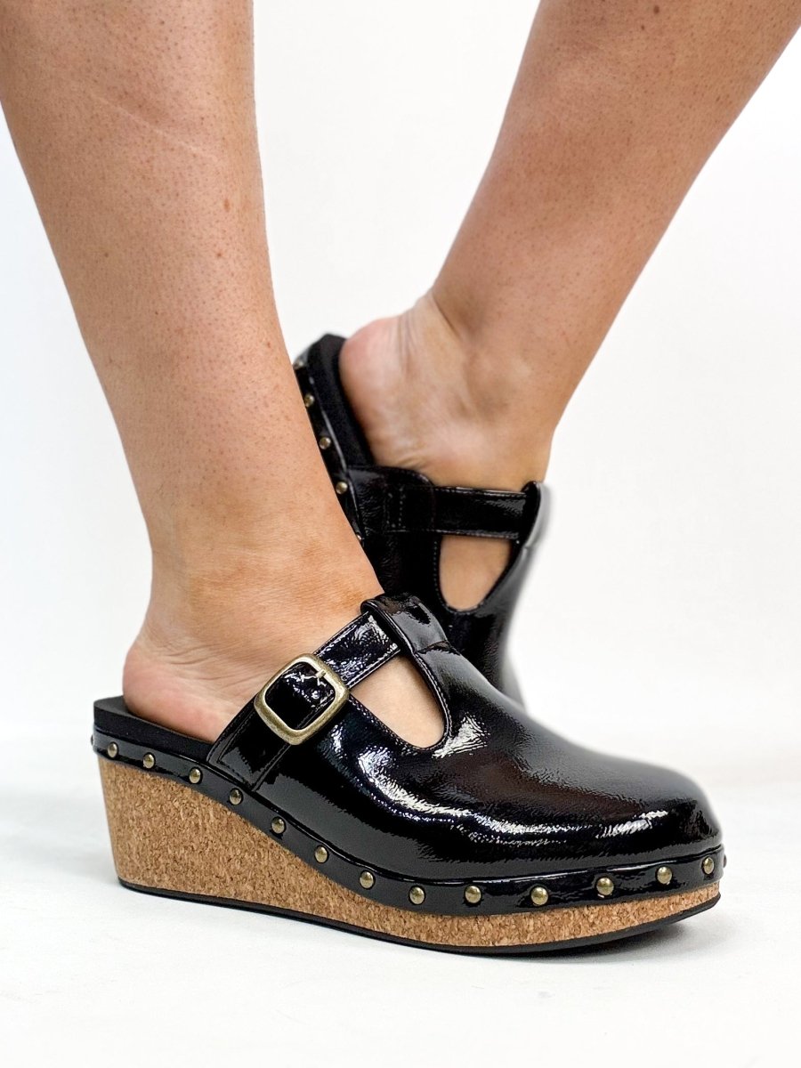 Corky's Black Crinkle Patent In The Moment Wedges - Macoma Boutique302 Wedges & Heels