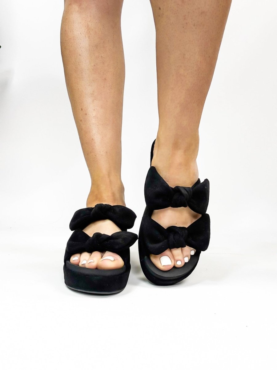 Corky's Black Faux Suede Bowed Up Sandals - Macoma Boutique302 Wedges & Heels