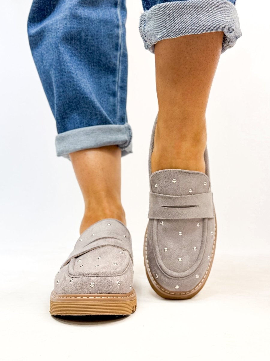 Corky's Light Grey Faux Suede Stud Muffin Shoes - Macoma Boutique305 Flats