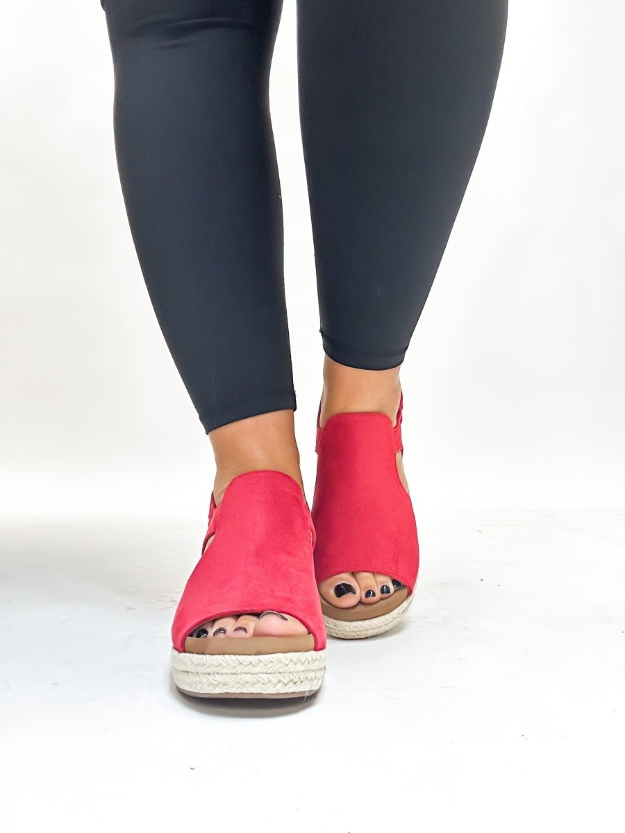 Corky's Red Faux Suede Pose Wedges FINAL SALE - Macoma Boutique302 Wedges & Heels