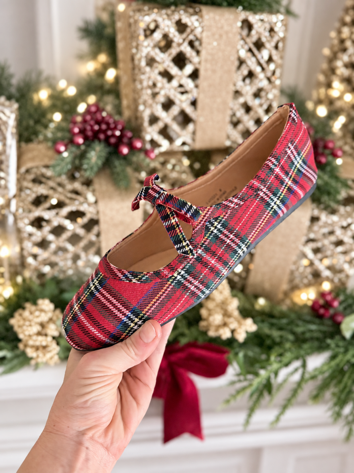 Corkys Red Plaid Layover Flats, red tartan Mary Jane flats with a bow strap