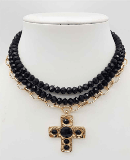 Glass Beaded Cross Necklace In Black - Macoma Boutique315 Jewelry