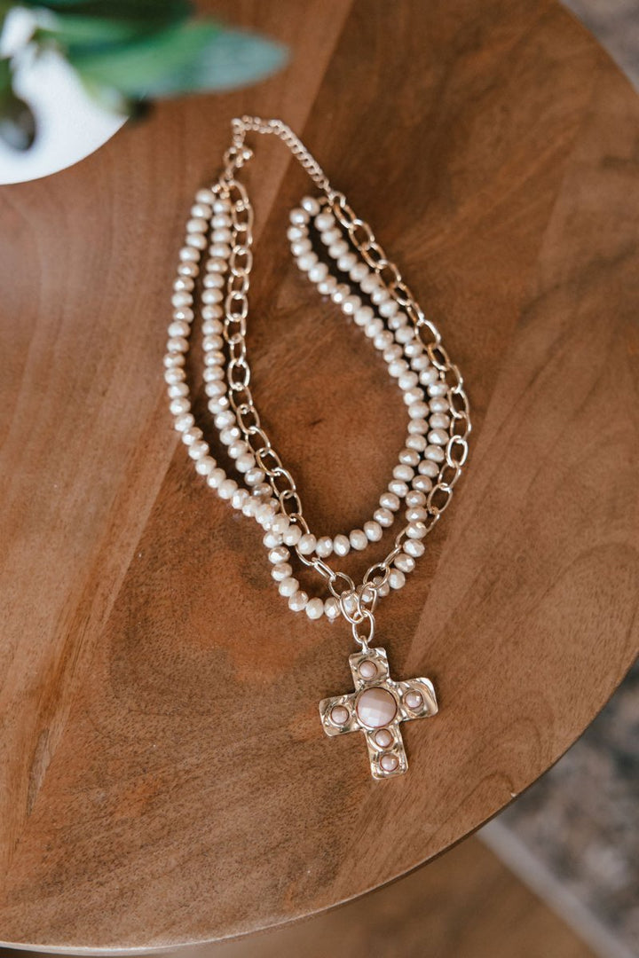 Glass Beaded Cross Necklace In Brown - Macoma Boutique310 Accessories/Jewelry